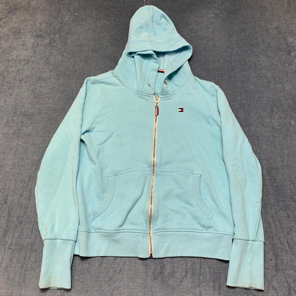 Tommy Bahama Cropped Hoodie Womens Medium Aqua Blue Logo Full Zip Long Sleeve